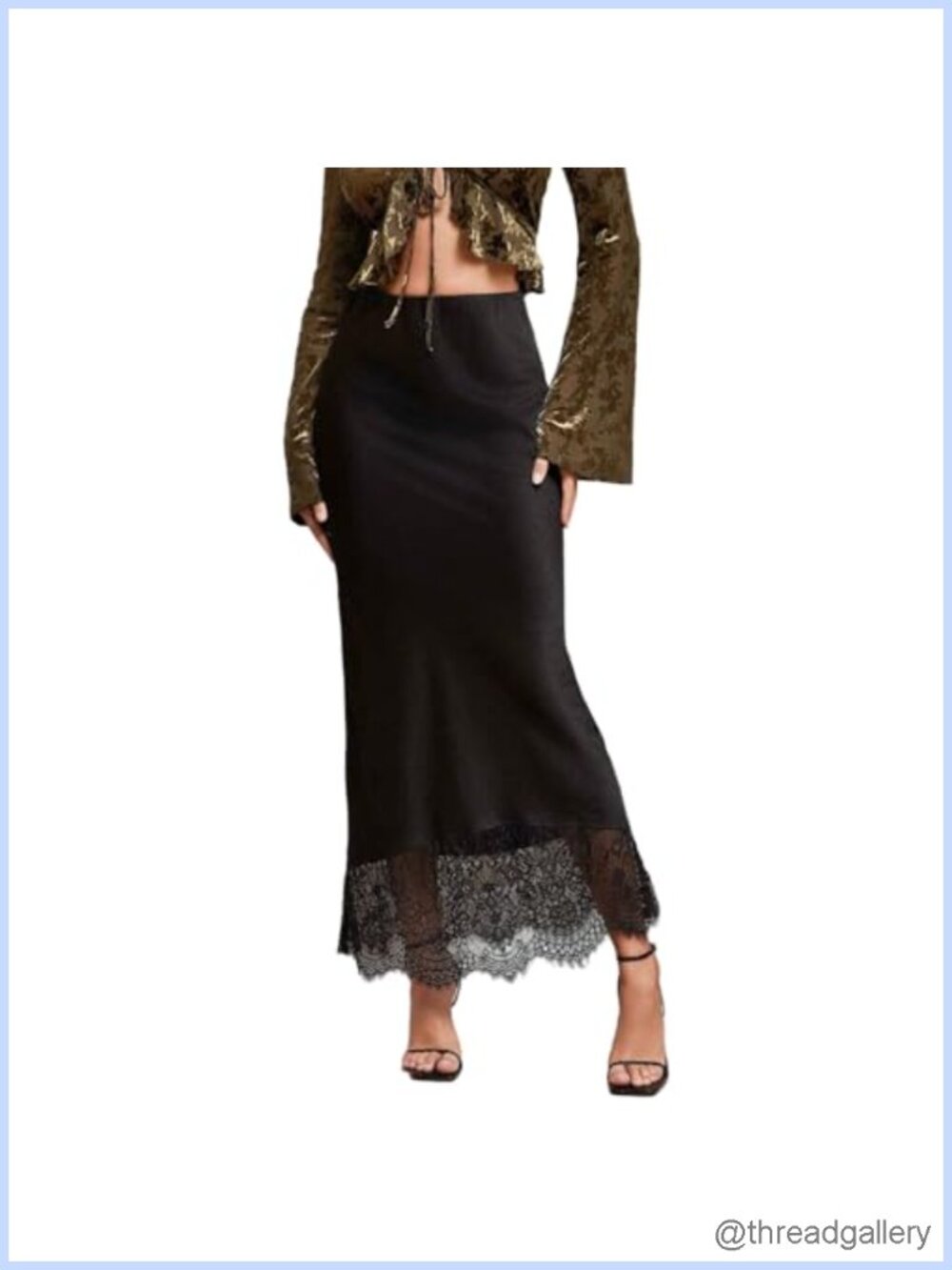 Women Elegant Satin Lace Hem Long A Line High Waist Maxi Skirt